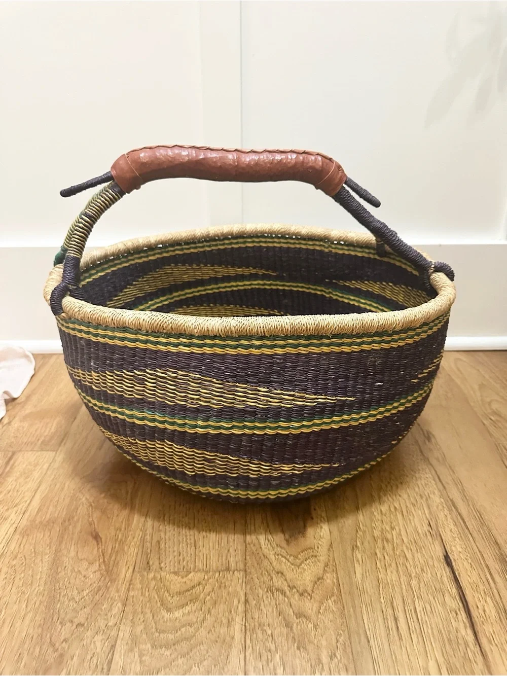 Large Bolga Basket Woven Striped Storage Basket Leather Handle Multicolor Ghana